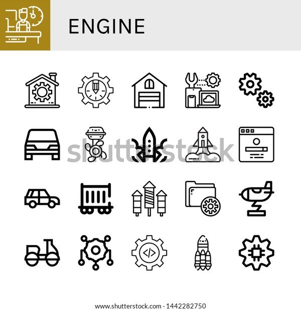 Set of engine icons such as Shift, Gear, Garage,\
Settings, Car, Boat engine, Rocket, Search engine, Suv, Railway\
carriage, Motorcycle ,