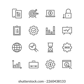 Conjunto de iconos relacionados con la optimización del motor, soluciones, optimización, estrategia, vectores de variedad lineales y de destino.