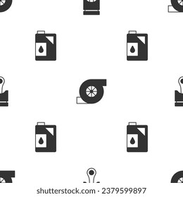 Set Engine piston, Automotive turbocharger and Canister for motor oil on seamless pattern. Vector