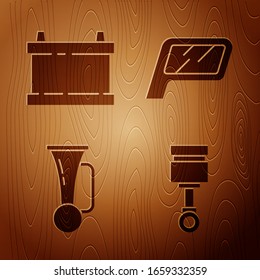Motorkolben, Autobatterie, Signalhorn auf Fahrzeug und Autospiegel auf Holzhintergrund setzen. Vektorillustration