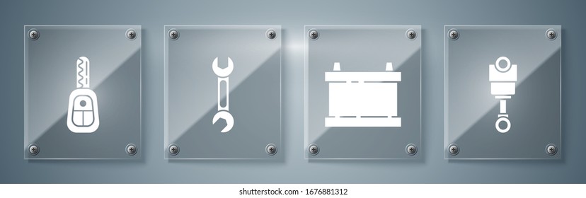 Coloque el pistón del motor, la batería del Camión, la llave Llave y la llave del Camión con el mando a distancia. Paneles de vidrio cuadrado. Vector