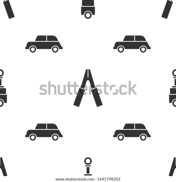 Set Engine piston, Car battery jumper\
power cable and Car on seamless pattern.\
Vector
