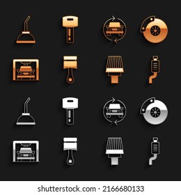 Ponga el pistón del motor, el disco del freno de coche con pinza de freno, silenciador, filtro de aire, lavado, servicio, cartucho para aceite de la máquina del motor e icono del mando a distancia con llave. Vector