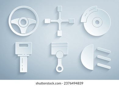 Set Engine piston, Car brake disk with caliper, key remote, High beam, Wheel wrench and Steering wheel icon. Vector