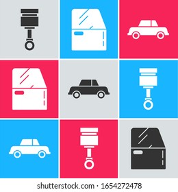 Set Engine piston, Car door and Car icon. Vector