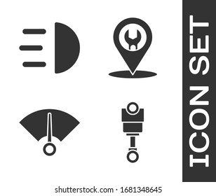 Set Engine piston, High beam, Speedometer and Car service icon. Vector