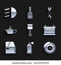 Set Engine piston, Paint spray can, Car brake disk with caliper, battery, door, Canister for motor machine oil, Wrench and High beam icon. Vector