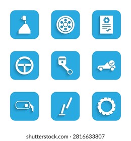Set Engine piston, Windscreen wiper, Car tire wheel, Auto service check automotive, rearview mirror, Steering,  and Gear shifter icon. Vector