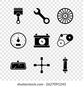 Set Pistão do motor, chave de chave, Roda de liga, Espelho do carro, Chave da roda, Amortecedor de choque, Velocímetro e ícone da bateria. Vetor