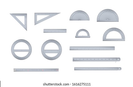 Set of engineer or architect aluminium drafting protractor, ruler and triangle with a metric and an imperial units scales