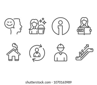 Set Of Engineer, Cleaning And Person Info Icons. Woman Read, Good Mood And Escalator Signs. Worker Profile, Maid Service, Refresh User Data. Girl Studying, Positive Thinking, Elevator. Vector