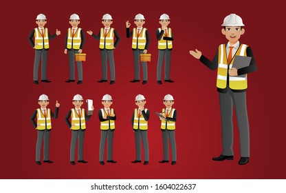 Set of engineer with different poses