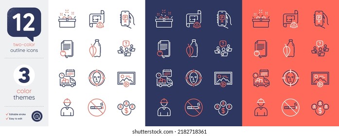 Set of Engineer, Engineering plan and Search file line icons. Include Start presentation, Teamwork question, No smoking icons. Water bottle, Parking app, Face detect web elements. Vector