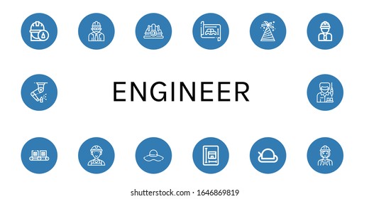 Conjunto de iconos de ingeniero. Tales como ingeniero, capataz, sombrero duro, Blueprint, sombrero, distribuidor, trabajador, constructor, maquinaria, iconos de ingeniero