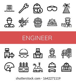 Set of engineer icons. Such as Hat, Engineer, Wrench, Construction, Helmet, Goggles, Hard hat, Postwoman, Conveyor, Power transformer, Under construction, Manufacture , engineer icons
