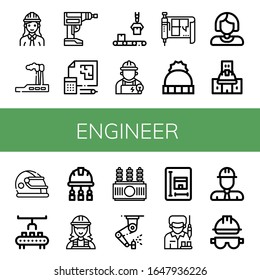 Set of engineer icons. Such as Engineer, Industry, Driller, Blueprint, Conveyor, Electrician, Hat, Worker, Under construction, Helmet, Robot arm, Power transformer , engineer icons