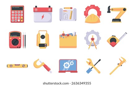 conjunto de ilustração de engenheiro de uma ferramenta usada em projetos de construção e engenharia.