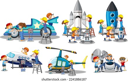 Conjunto de ilustraciones de niños ingenieros