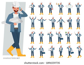 Set of Engineer man wear blue jacket working character vector design. Presentation in various action with emotions, running, standing and walking. 