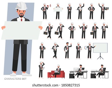 Set of engineer man working character vector design. Presentation in various action with emotions, running, standing and walking. 