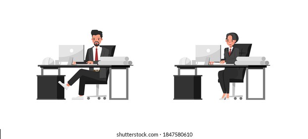 Conjunto de ingenieros trabajando en el diseño de vectores de caracteres. Presentación en diversas acciones con emociones. 