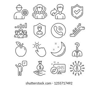 Set of Engineer, Security agency and Group icons. Touchpoint, Income money and Agent signs. Teamwork results, Hiring employees and Escalator symbols. Vector