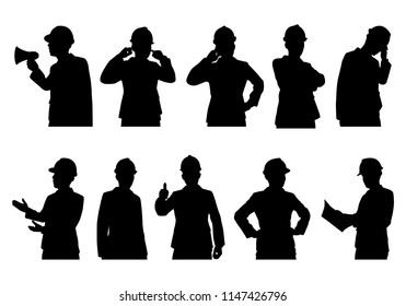 Set of engineer silhouette vector. Person concept in black and white.
