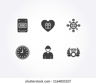 Set of Engineer, Ssd and Romantic gift icons. Clock, Logistics network and Laureate medal signs. Worker profile, Solid-state drive, Surprise with love. Vector