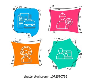 Set of Engineer, Vacancy and Support icons. Online education sign. Worker with cogwheel, Hiring job, Call center. Internet lectures.  Flat geometric colored tags. Vivid banners. Trendy graphic design