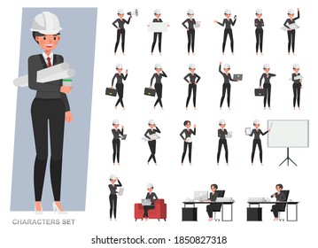 Set of engineer woman working character vector design. Presentation in various action with emotions, running, standing and walking. 