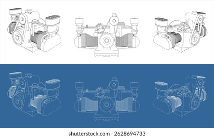 Set Engineering Blueprint of a 1600cc dual port Air cooled vintage car Engine in Multiple Angles 