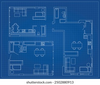 Set of engineering drawings of different apartments with furniture. Vector illustrations isolated on blue background. Ideal for architects, interior designers and engineers.