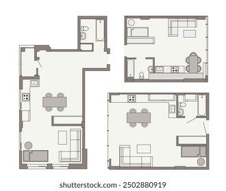 Set of engineering drawings of various apartments with furniture. Vector illustrations are isolated from a light background. Ideal for architects, interior designers and engineers.