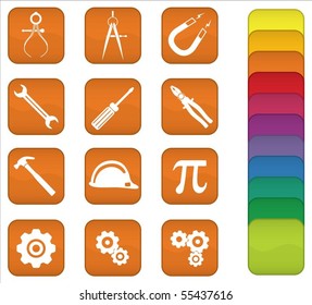 A set of engineering icons with orange background, but can be changed to any color.