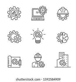 Set of engineering related icon with outline style. Gear and engineering vector illustration with simple black line design 