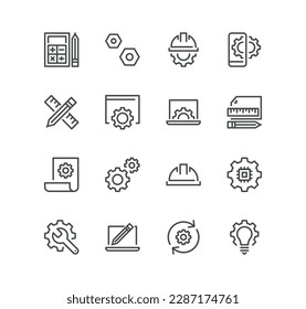 Set of engineering related icons, manufacturing, engineer, production, settings and linear variety vectors.