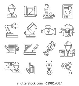 Set of engineering Related Vector Line Icons. Includes such Icons as engineer, robotics, CNC machines, engine, equipment, factory, sketches, prototyping, milling machine