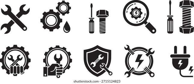Conjunto de iconos de ingeniería y reparación que simbolizan el mantenimiento y la precisión Negro