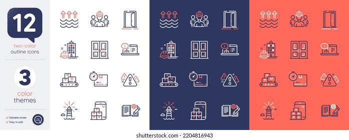 Equipo de Ingeniería, Artículos al por mayor e iconos de la línea de advertencia. Incluir documentación en línea, puertas abiertas, iconos de construcción. Documentación de ingeniería, faro. Vector