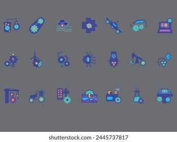 set of engineering and technology filled color flat icon design isolated on background