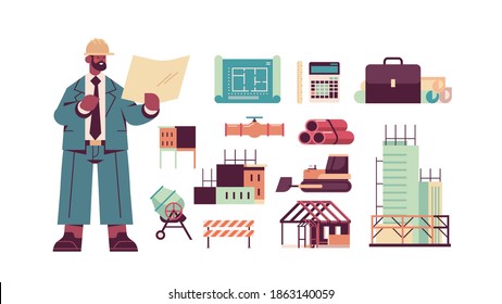 set engineering tools icons and african american architect in helmet holding blueprints construction of buildings concept full length isolated horizontal vector illustration