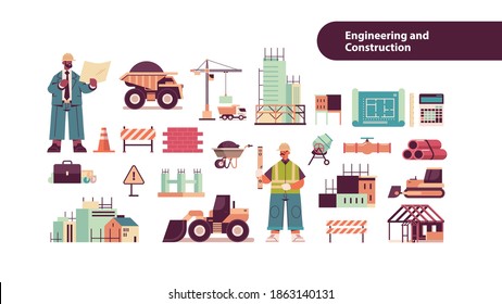 set engineering tools icons with mix race architect and engineer in helmets working on construction site full length isolated horizontal copy space vector illustration