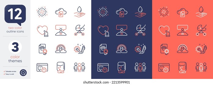 Set Of Engineering, Volunteer And Project Deadline Line Icons. Include Water Cooler, Fireworks Explosion, Interview Job Icons. File Storage, Baby Carriage, Water Care Web Elements. Group. Vector