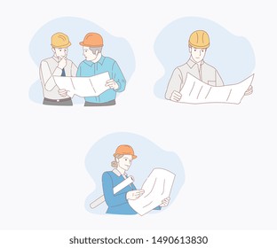 set of Engineers team watching and checking details on a construction site. Hand drawn style vector design illustrations.