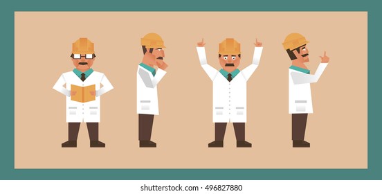 Set engineers, technologists, specialists and scientists. In various positions, in a helmet, a white robe. Flat style