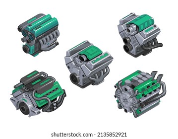 Set of engines of different levels on white background. Car engine in isometry. Detailed 3d engine in cartoon style. Tuned engine. EPS 10 vector illustration