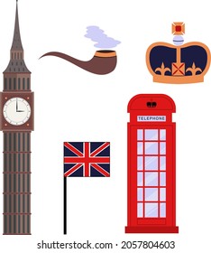 set england elements red phone booth big ben united kingdom flag crown tobacco tube
