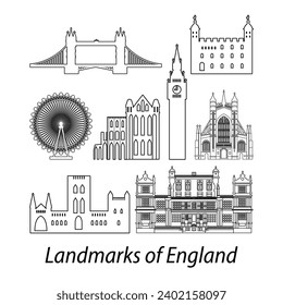 set of England famous landmarks bysilhouette outline style,vector illustration