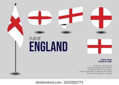 Set of England flag in 5 designs: flag on pole, brush stroke, skew, round and standard. vector, flat, isolated on grey background. Perfect for various design projects