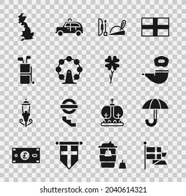 Set England flag on flagpole, Umbrella, Smoking pipe, Robin hood hat, London eye, Golf bag with clubs, map and Four leaf clover icon. Vector